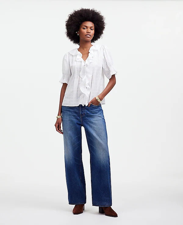 Ruffle Puff-Sleeve Peplum Top in Windowpane | Madewell