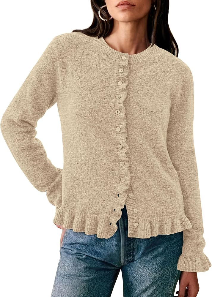 PRETTYGARDEN Womens Fall Button Down Cardigans Chunky Knit Ruffle Open Front Cropped Cardigan Swe... | Amazon (US)