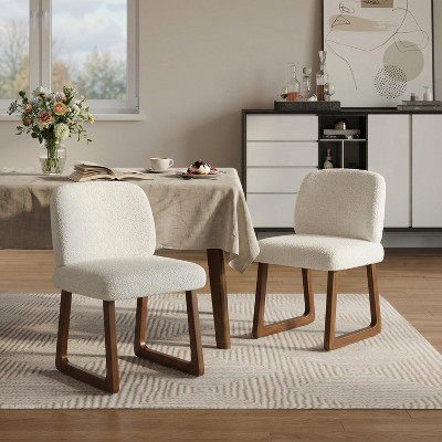 Set of 2 Boucle Upholstered Dining Chairs with Curved Wooden Legs, Beige - ModernLuxe | Target