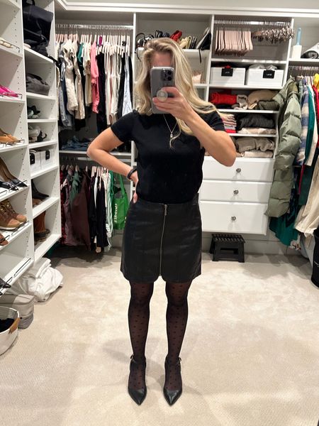 What I’m wearing for ❤️ Valentine’s Day | Faux Leather Skirt | Black Tee | Heart Dot Tights | Black Heels 

#LTKstyletip #LTKfindsunder100 #LTKSeasonal