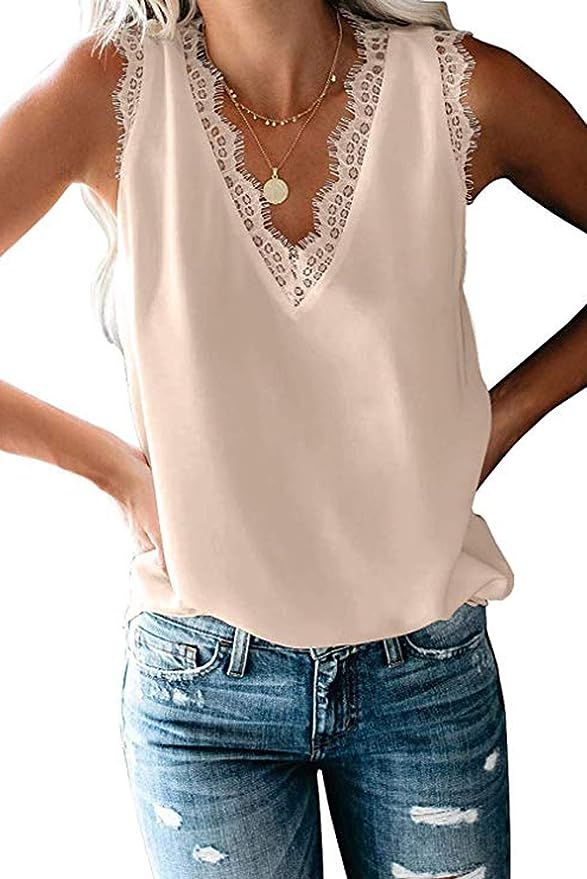 Mosucoirl Women V-Neck Lace Trim Cami Tank top Casual Sleeveless Lightweight Blouse Shirt | Amazon (US)