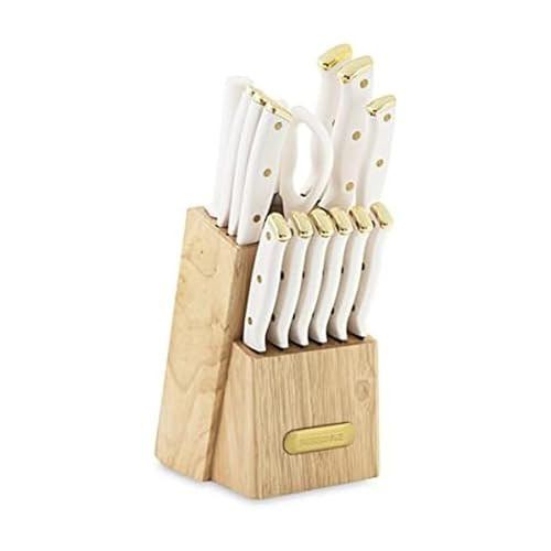 FARBERWARE 15-Piece Knife Block Set, Triple-Riveted High-Carbon Stainless Steel Kitchen Knives, Razor Sharp Blades, Wood Storage Block, White/gold | Amazon (US)