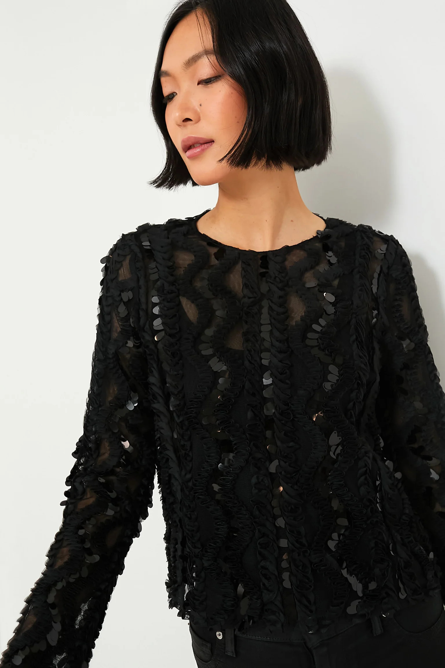 Black Sheer Sequined Long Sleeve Sutton Blouse | Tuckernuck (US)