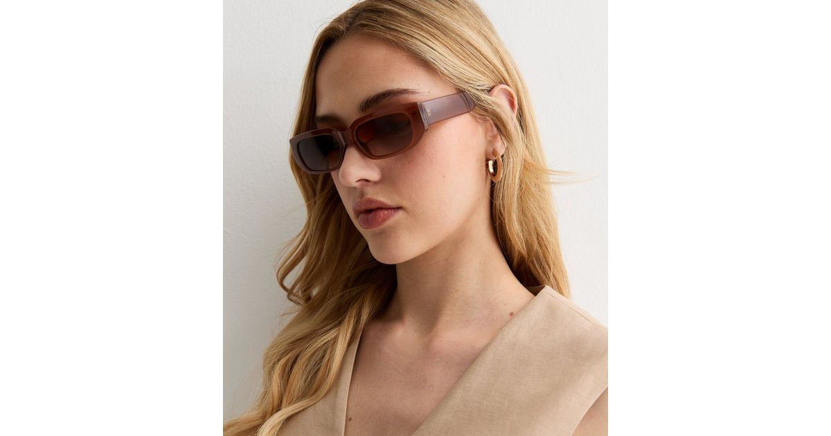 Dark Brown Rectangle Frame Sunglasses | New Look | New Look (UK)