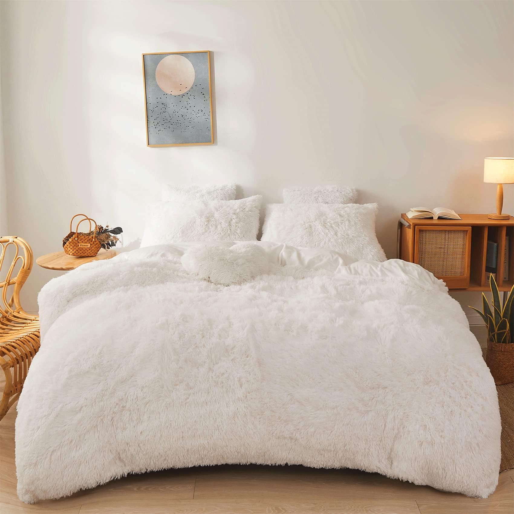 White Fluffy Comforter Cover Set King- Ultra Soft Fluffy White Bedding King Sets 3 Pieces (1 Faux... | Amazon (US)