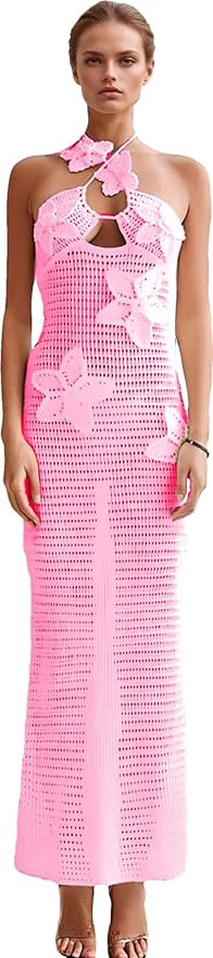 RanRui Women's Halter 3D Flower Knitted Hollow Out Beach Dress balckless Open Back Swimsuit Cover... | Amazon (US)