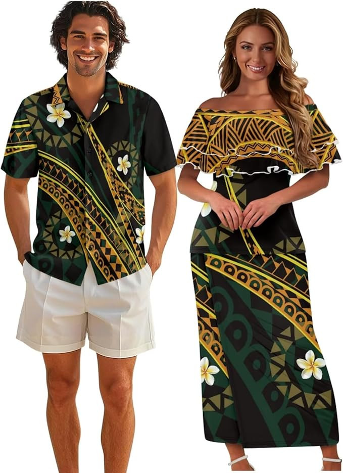 Boatee Polynesian Tribal Couple Matching Outfits 4-Way Stretch Men's Short Sleeve Button Down Shi... | Amazon (US)