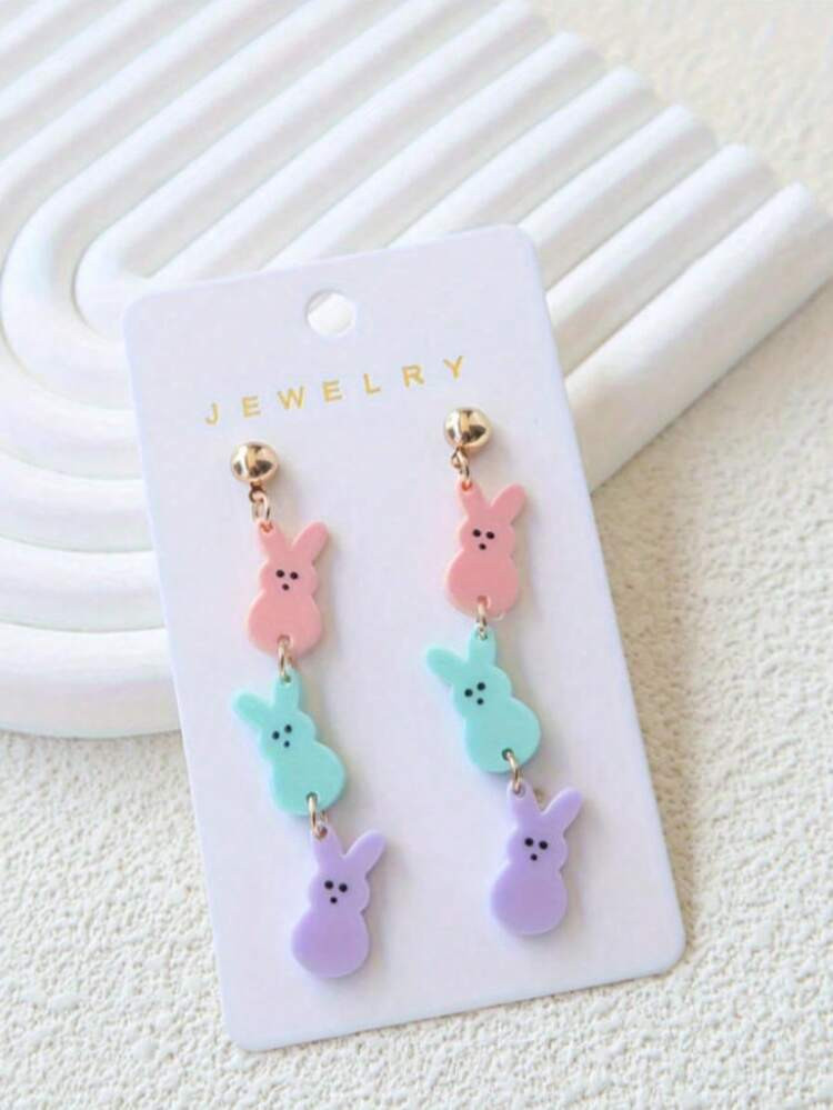 1 Pair Cute Easter Bunny Acrylic Pendant Earrings - Triple Rabbit Design, Pastel Color, Ideal Holiday Gift (Card Not Included) | SHEIN