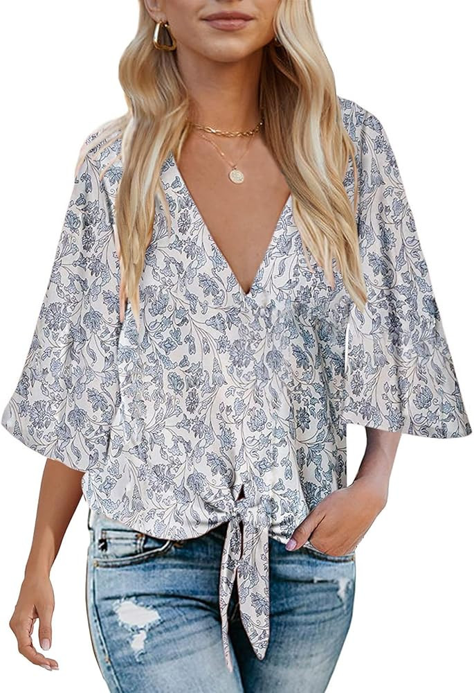 Bluetime Womens Summer Tops Boho 3/4 Sleeve V Neck Tie Front Shirts Casual Floral Blouses | Amazon (US)