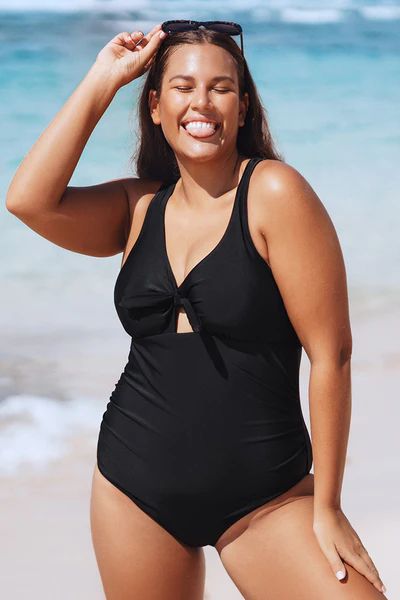 Midnight Flowers Bunny Tie Front Plus Size One Piece Swimsuit | Cupshe