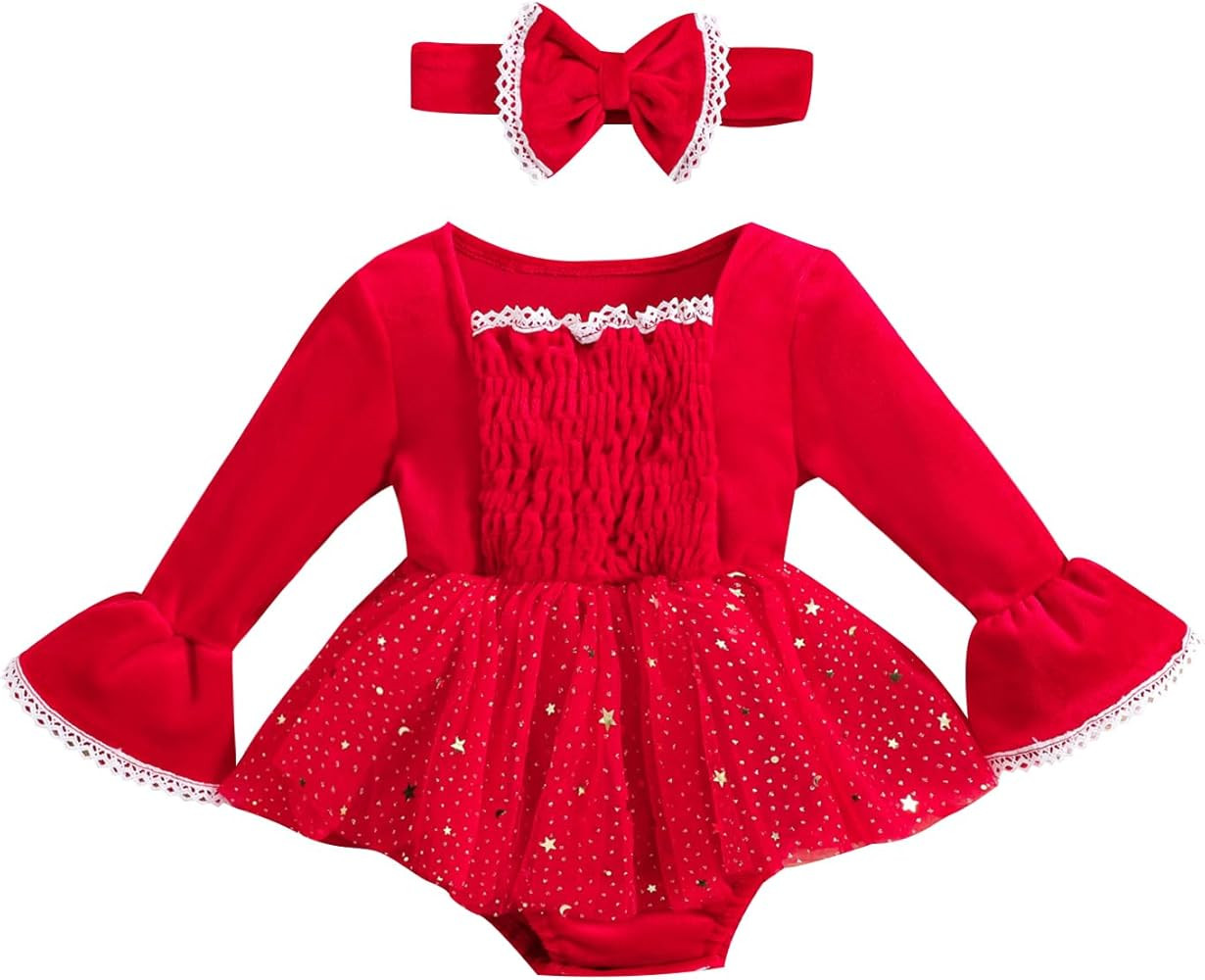 Baby Girl Christmas Dress Santa Claus Romper Dress Red Velvet Long Sleeve Princess Tulle Dress wi... | Amazon (US)