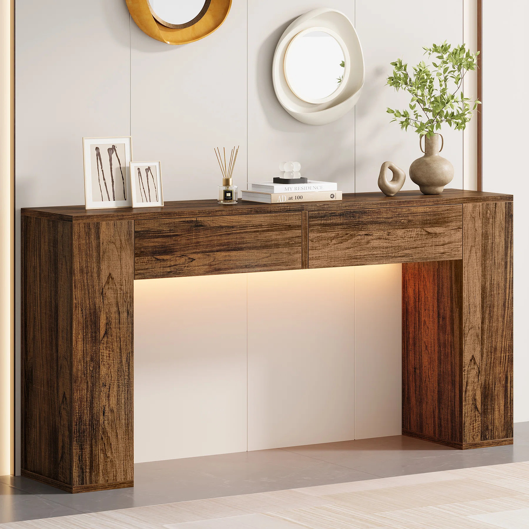 Diyanna 55.12''W Farmhouse Console Table with 2 Drawers & LED Light | Wayfair North America