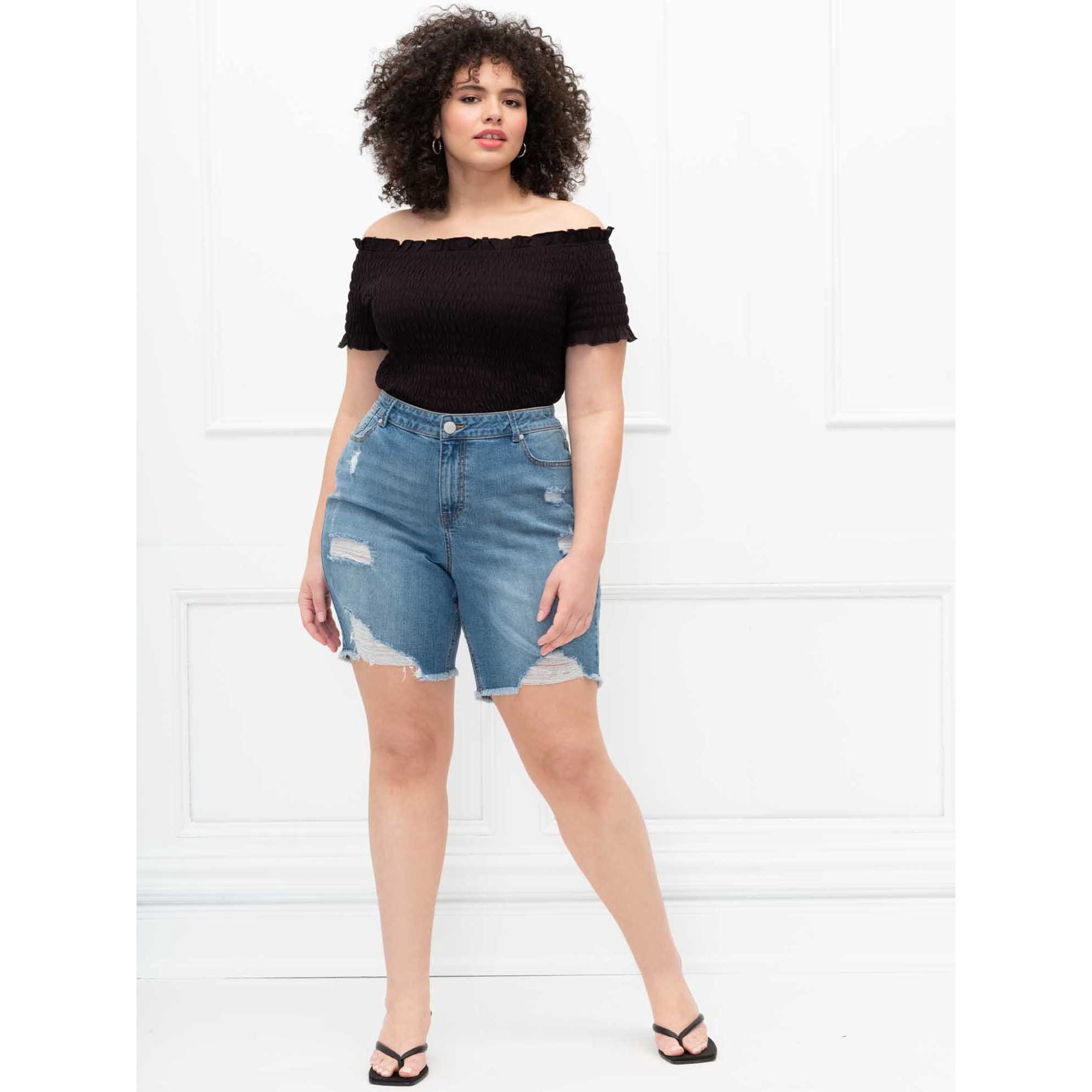 ELOQUII Elements Women's Plus Size Smocked Off-The-Shoulder T-Shirt | Walmart (US)