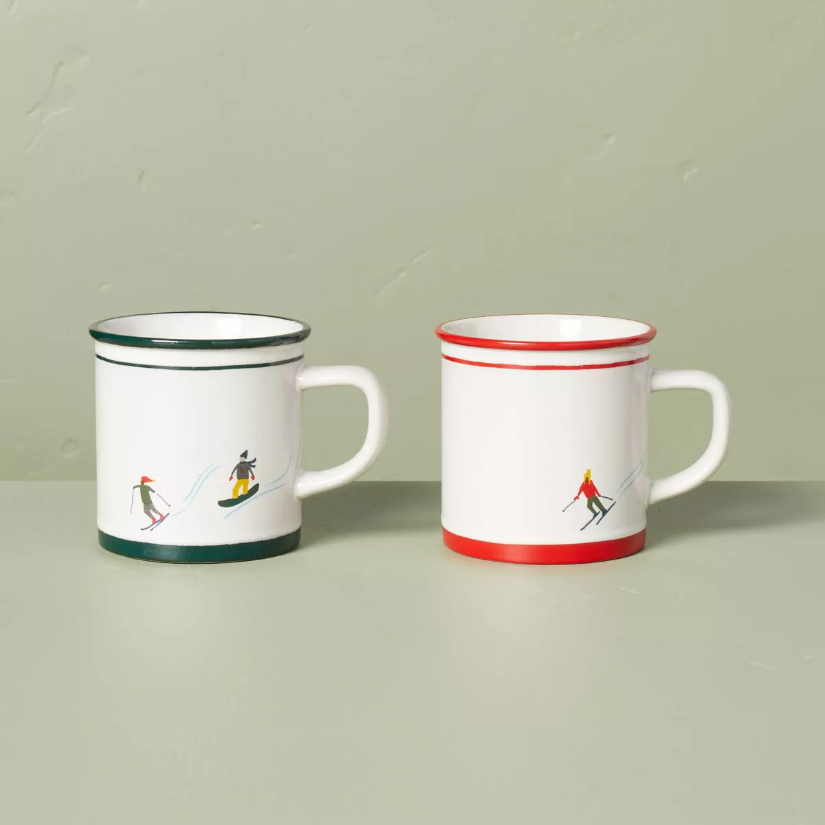 2pk 10oz Skier Figure Stoneware Mug Set Cream/Red/Green - Hearth & Hand™ with Magnolia | Target