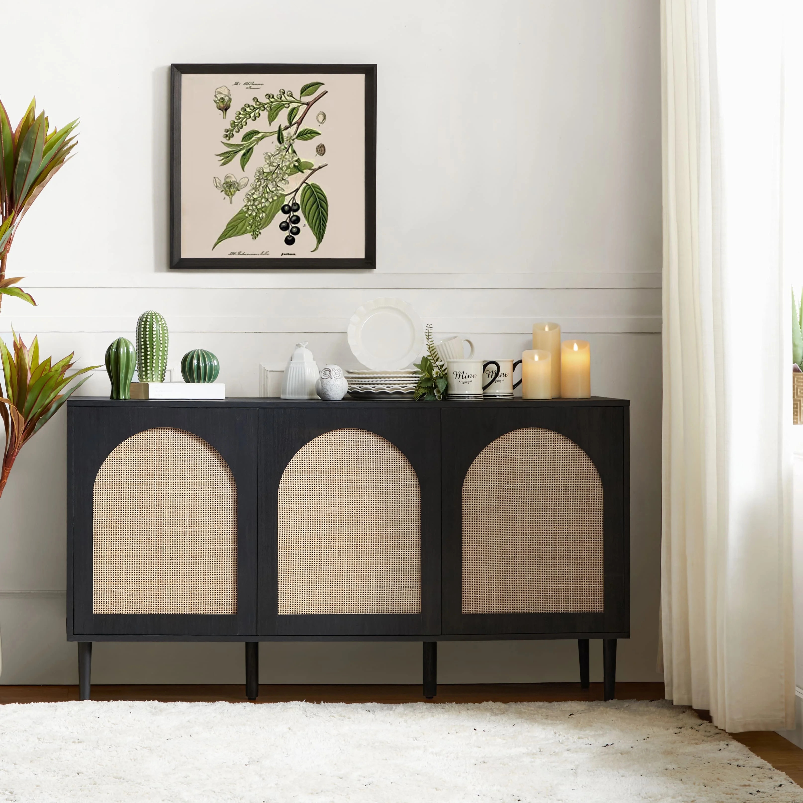 Wood Rattan Arch 3 Doors Storage Credenza Sideboard Buffet Cabinet with Adjustable Shelves Black ... | Walmart (US)