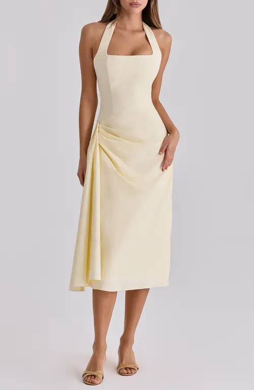 HOUSE OF CB Tallulah Halter Neck Stretch Cotton Midi Dress in Lemon at Nordstrom, Size Large | Nordstrom