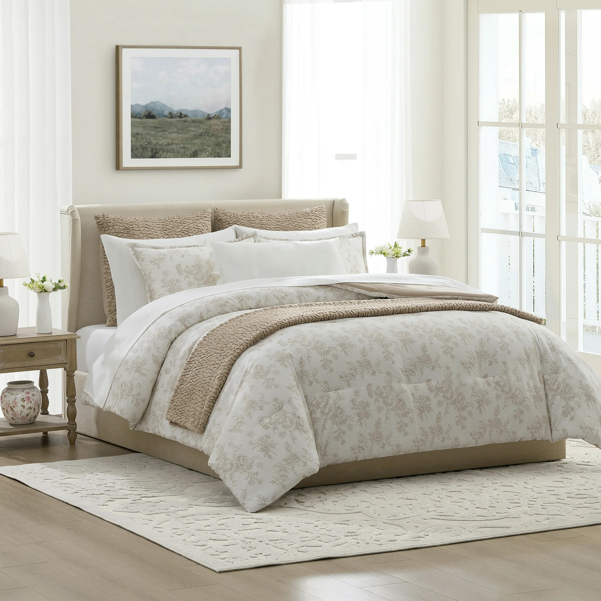 My Texas House Floral 11-Piece Comforter Set with Sheets, Taupe, Queen | Walmart (US)