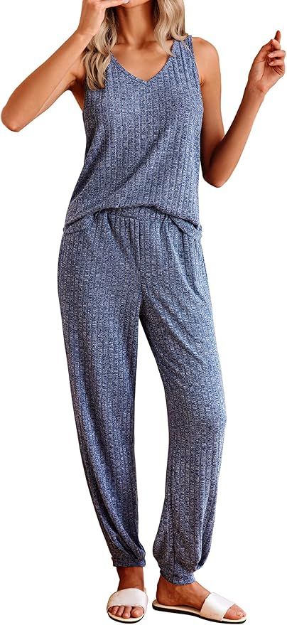 Ekouaer Women's Pajamas Sleeveless Summer Lounge Set Ribbed Knit Pj Loungewear Soft Tank Sleepwea... | Amazon (US)