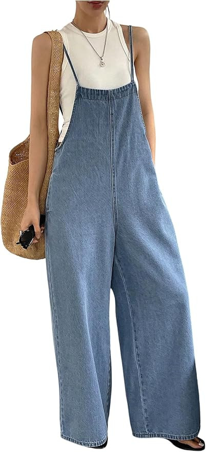 Women's One Piece Sleeveless Wide Leg Denim Jumpsuit Y2K Casual Bow Backless Loose Jean Overalls | Amazon (US)