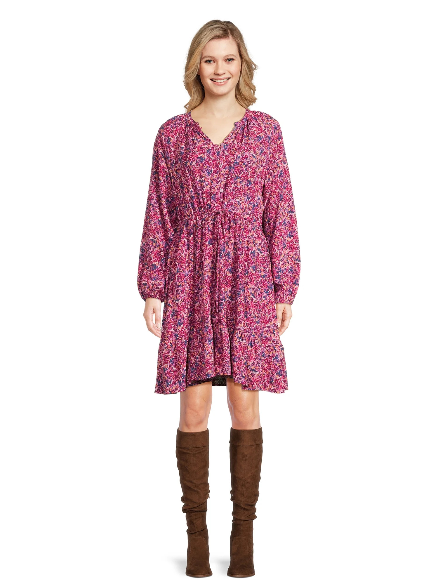 Time and Tru Women's Long-Sleeve Mini Dress with Drawstring, Sizes S-XXXL | Walmart (US)