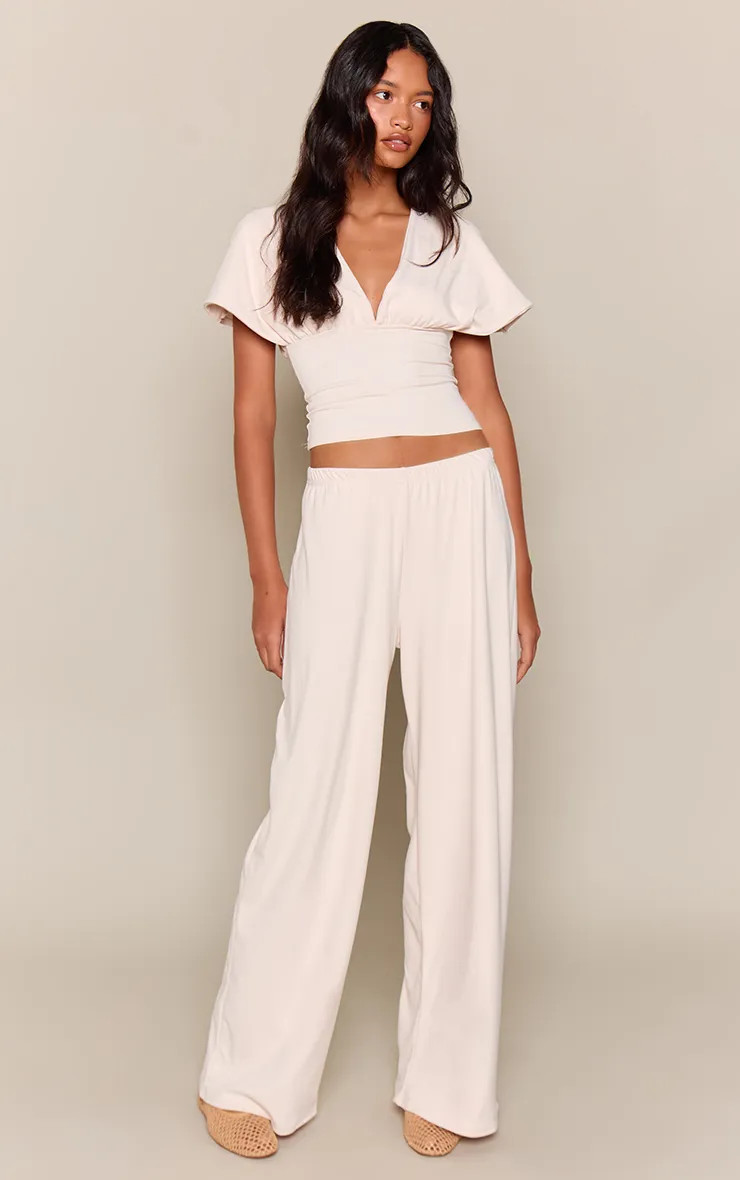 Cream Soft Touch Low Waist Elasticated Trousers | PrettyLittleThing UK