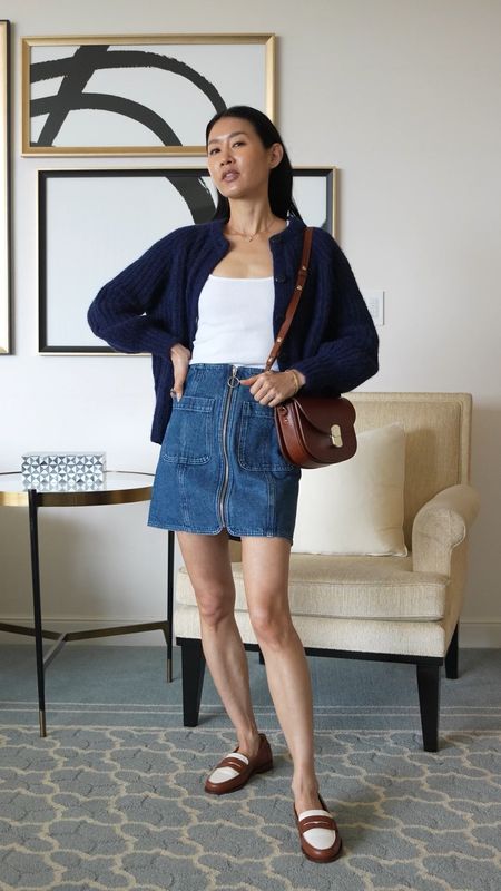 Styling a perfect everyday look that you can replicate with pieces in your closet.  A square neck tank, denim mini skirt, cardigan and the most classic but chic accessories.

Wearing size 2 in skirt, xs in tank, xxs in cardigan, and loafers run tts. Everything from French brand Sezane. #ltkitbag #ltkshoecrush

#LTKVideo #LTKover40 #LTKfindsunder100