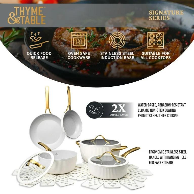Thyme & Table Signature 12-Piece Cookware Set Non-Stick- White & Gold - Walmart.com | Walmart (US)