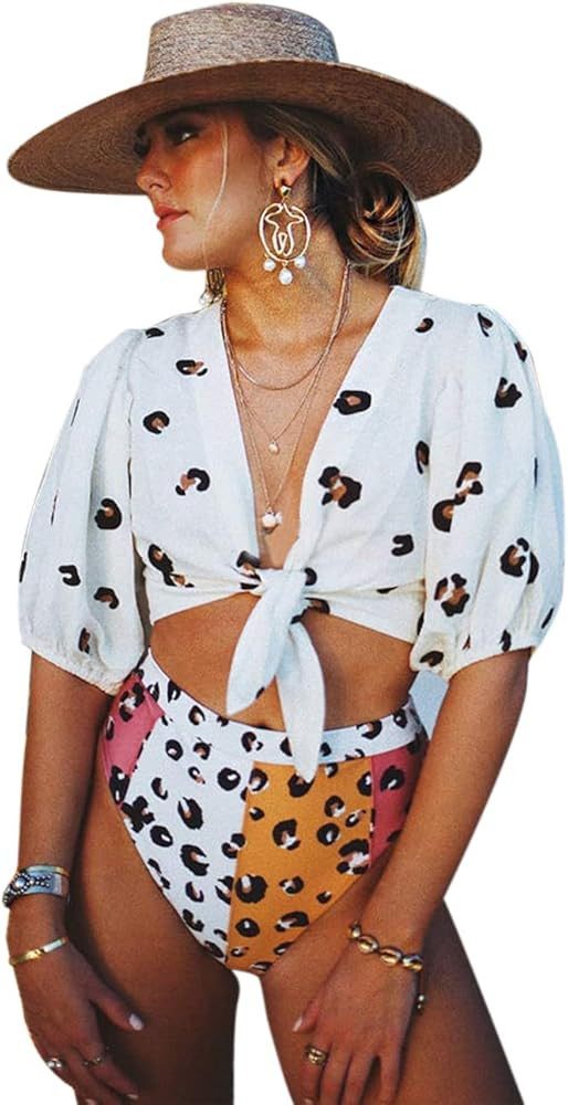 EDOLYNSA High Waist Front Tie Bikini 2 Piece Set, Sexy Mid-Sleeve Deep V-Neck Swimsuit Womens Leopar | Amazon (US)