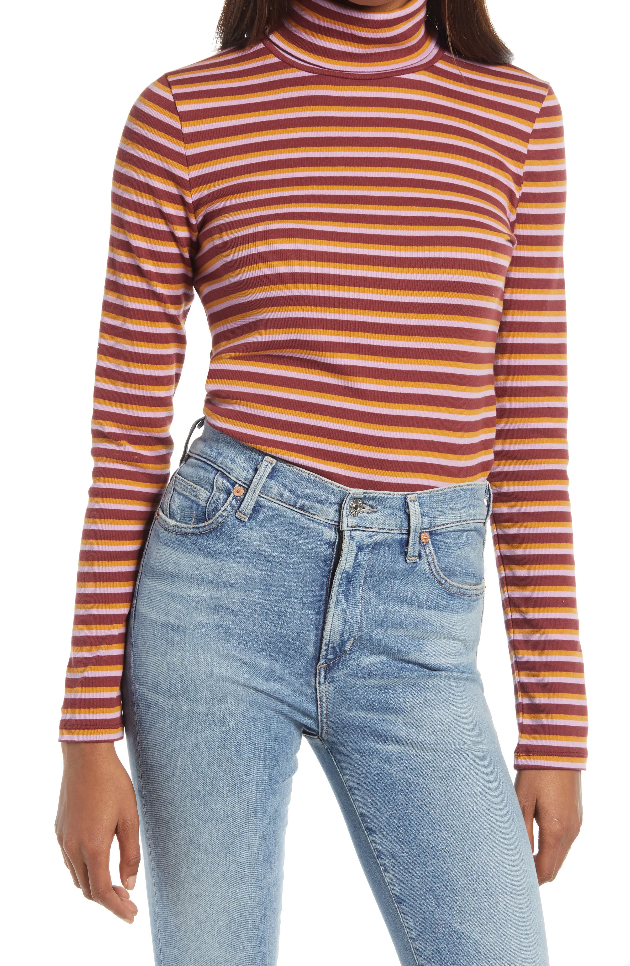 Women's Madewell Stripe Ribbed Turtleneck, Size X-Large - Burgundy | Nordstrom