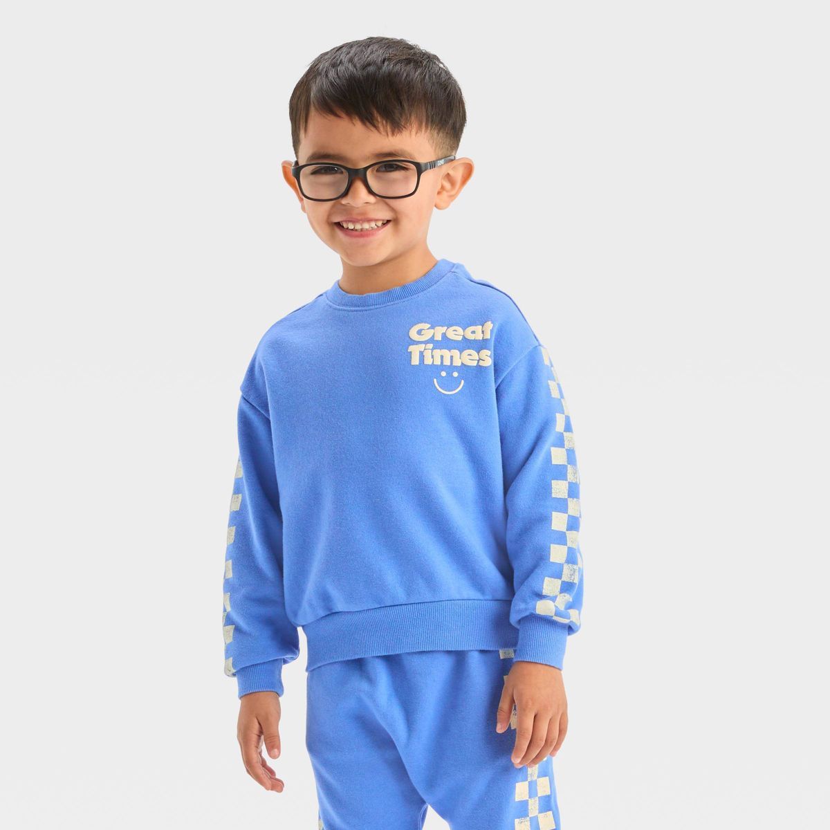 Grayson Mini Toddler Boys' French Terry Checkered Crew Neck Pullover Sweatshirt - Blue 12M | Target
