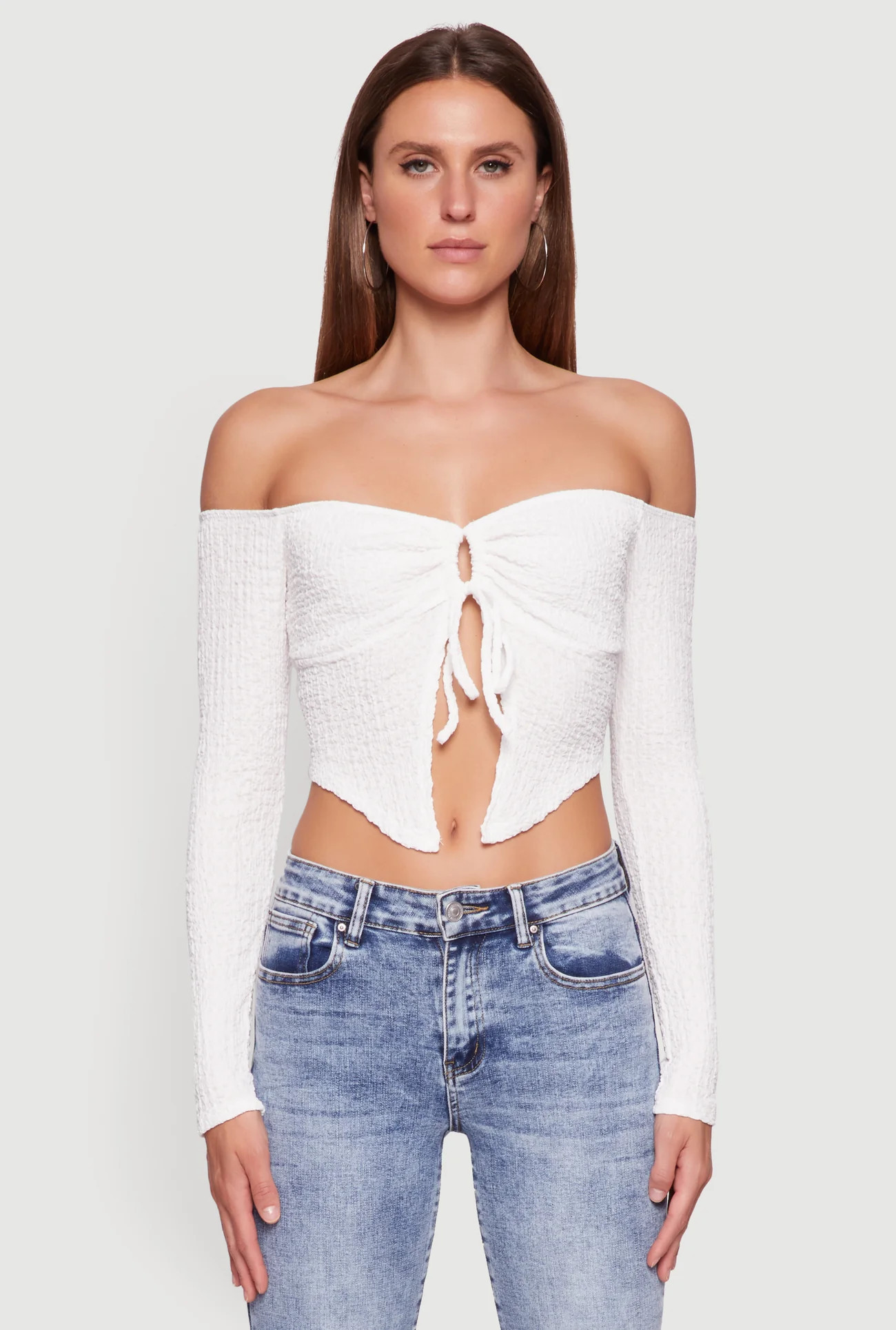 Trendy Off Shoulder Textured Knit Tie Front Crop Top | Rainbow Shops