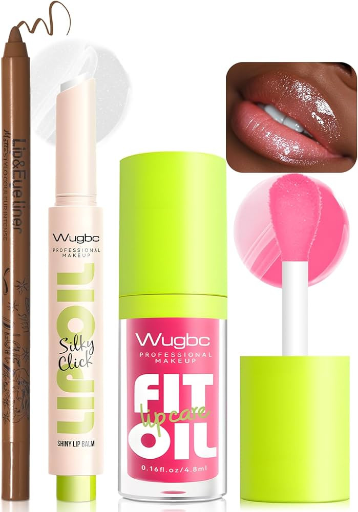 Wugbc Brown Lip Liner Pink Lip Oil Gloss Click Lip Balm Clear Shimmer, Hydrating Lipstick Tinted ... | Amazon (US)