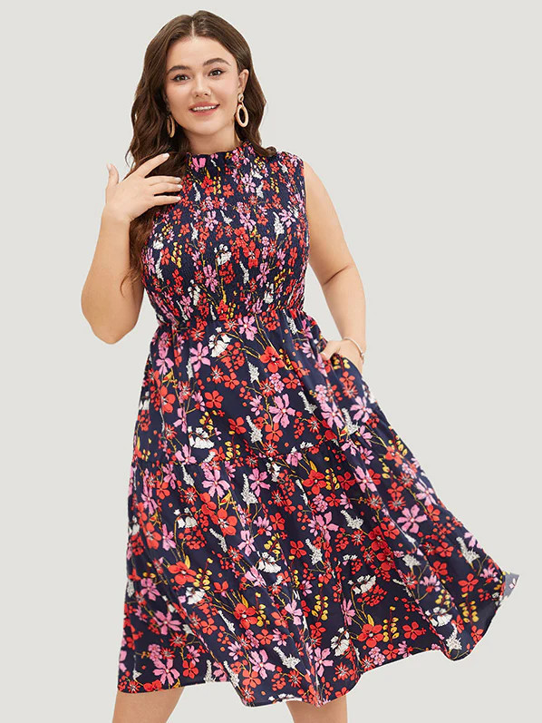 Floral Shirred Mock Neck Cut Out Pocket Ruffle Hem Dress | Bloomchic