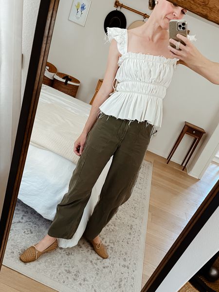 Friday faves —
Top is old Free People
Pants run big, size down one, wearing a 24 (I own them in 4 colors!) 
Flats are TTS
