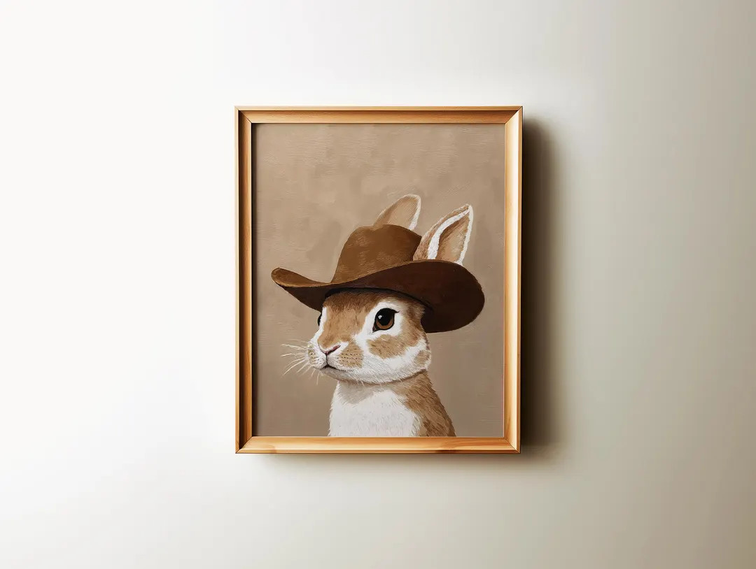 Rabbit Cowboy Print, Spring Brown Western Nursery Printable Art, Bunny Neutral Boy Room Animal Wa... | Etsy (US)