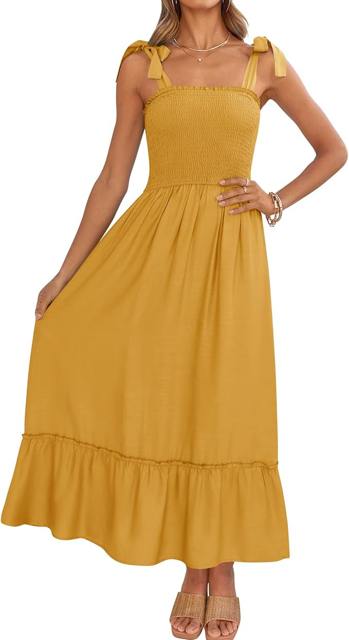 ZESICA Women's 2024 Summer Boho Spaghetti Strap Square Neck Solid Color Ruffle A Line Beach Long ... | Amazon (US)