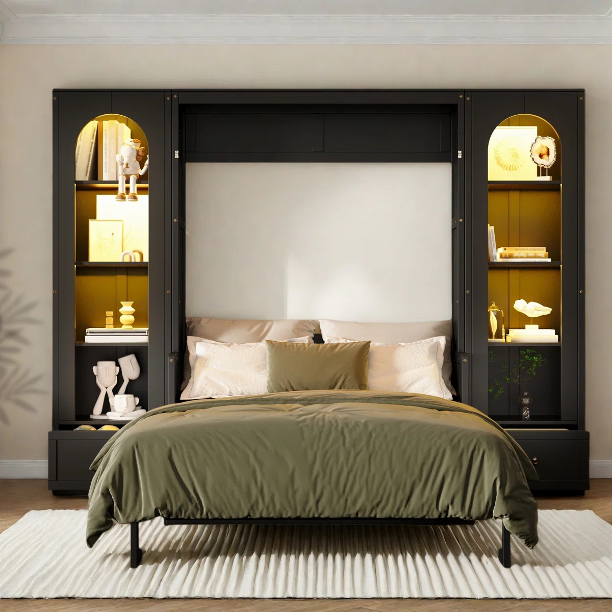Thistle Queen Size Elegant French Style Murphy Bed With Storage And LED Lighting | Wayfair North America