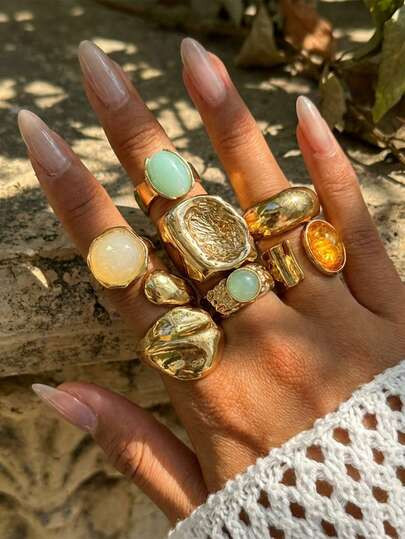 7pcs/Set Lava Liquid Metal Asymmetrical Flow Or Hammered Texture Vintage Gemstone Boho Style Rings Set, Suitable For Parties, Gifts, Daily Wear | SHEIN