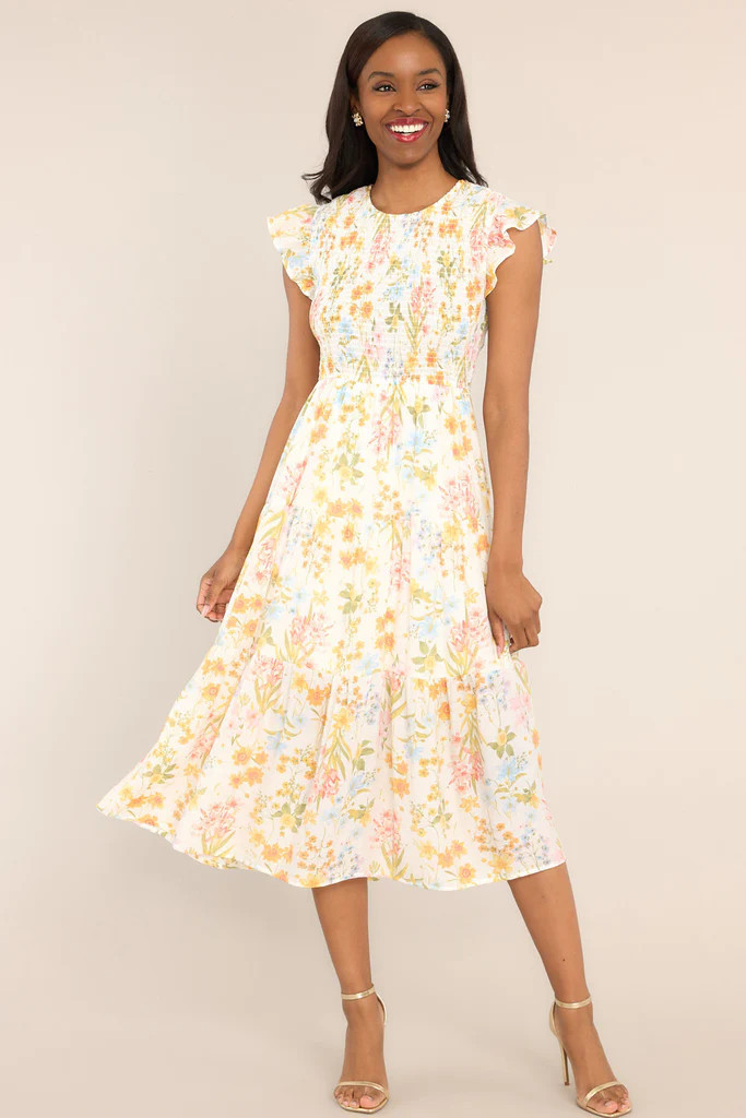 Petal Power Ivory Floral Smocked Midi Dress | Red Dress