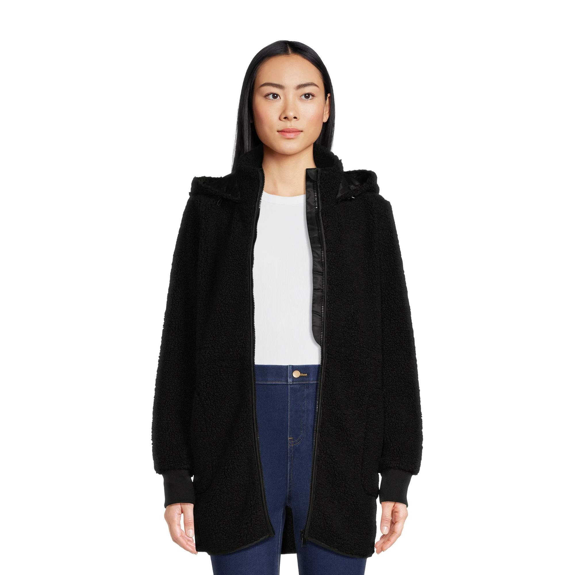 Time and Tru Women’s Faux Sherpa Jacket with Hood, Sizes S-2X | Walmart (US)