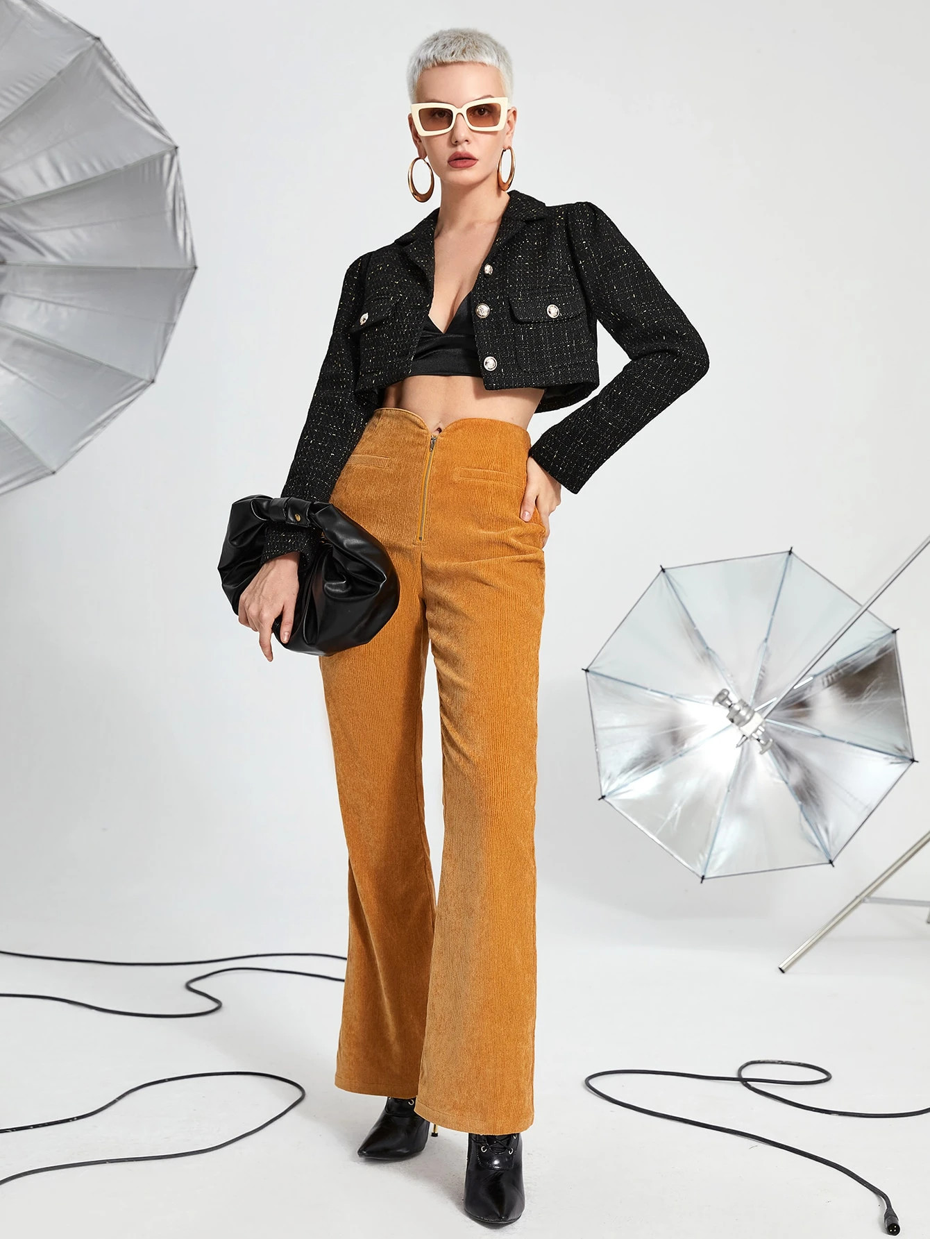 SHEIN Flap Pocket Crop Plaid Tweed Jacket | SHEIN