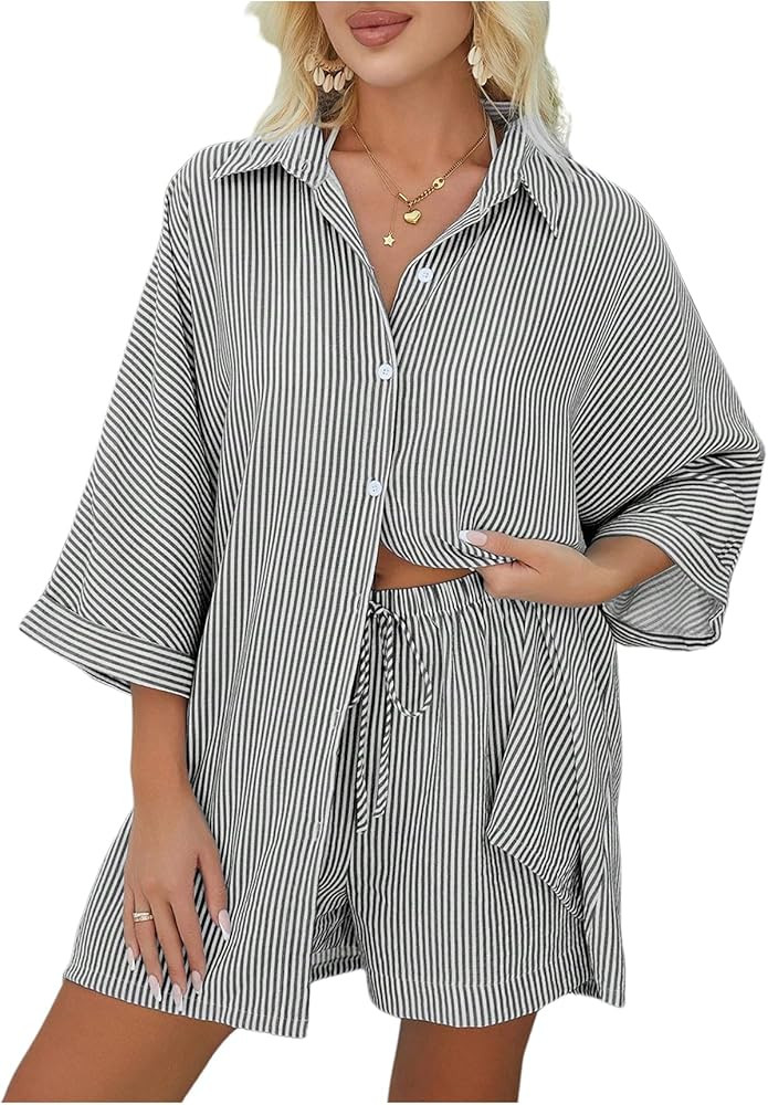 SHENHE Women's 2 Piece Beach Vacation Outfits 3/4 Sleeve Kimono Cover Up Shorts Set Summer Beachw... | Amazon (US)