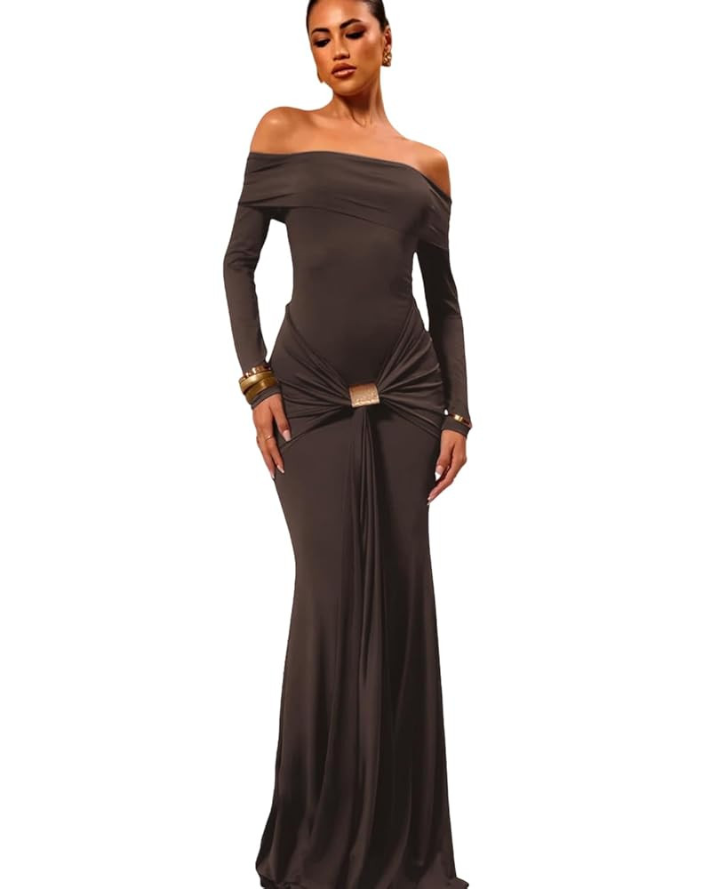 Women's Elegant Off Shoulder Long Sleeve Maxi Dress Sexy Strapless Ruched Metal Buckle Ribbon Bod... | Amazon (US)