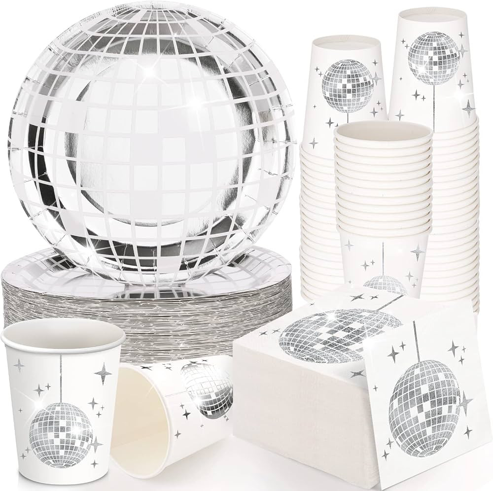 70s Disco Party Supplies Includes 50 Pcs Silver Disco Ball Paper Dinner Plates 50 Pcs Disco Paper Cups 50 Pcs Disco Party Cocktail Napkins for Disco Wedding Party Picnic Travel (White and Silver) | Amazon (US)