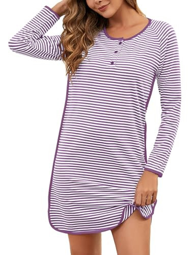 VibeVista Nightgowns for Women Soft Cotton Striped Sleepwear Sleep Shirts Long Sleeve Crew Neck House Dresses Night Gown Cute Nightgown Purple M | Amazon (US)