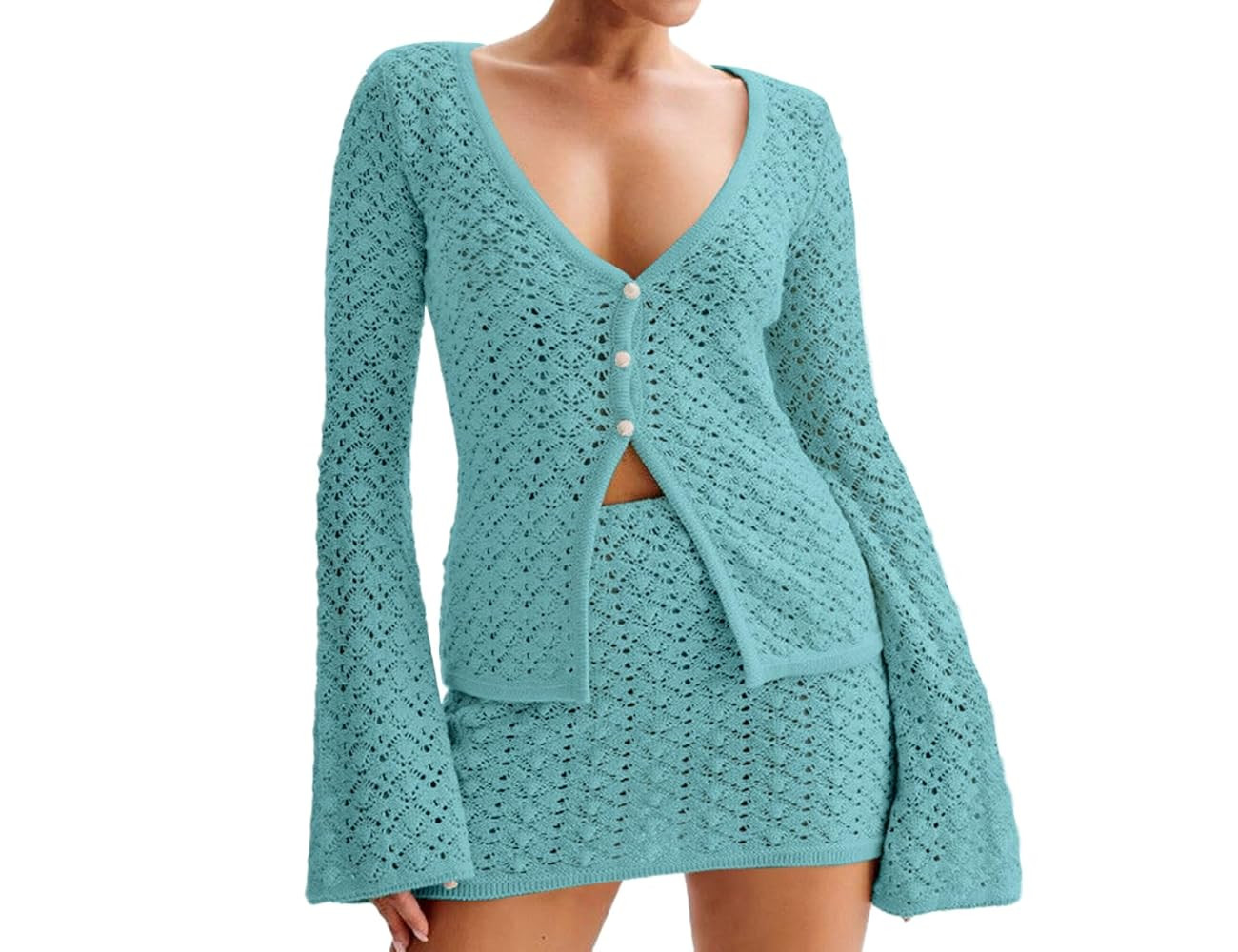 Women Crochet 2 Piece Outfits Set Swimwear Cover Up Flared Long Sleeve Button Down Tops Beach Min... | Amazon (US)