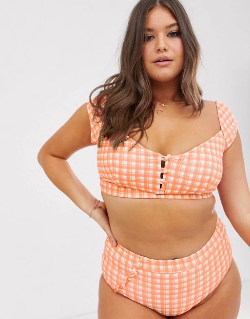 ModCloth Sissone textured high waist bikini bottom in orange check | ASOS (Global)
