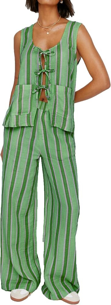 Juakoso Women 2 Piece Tie Front Pants Set Y2k V Neck Sleeveless Vest High Waist Wide Leg Pants St... | Amazon (US)