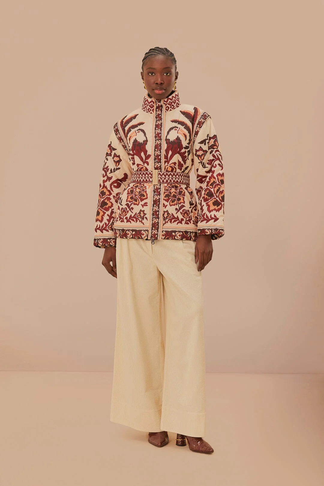 Cream Toucans Scarf Reversible Puffer Jacket | FarmRio (US)