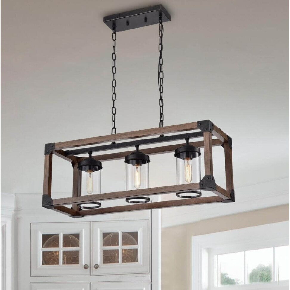 Daniela 3-light Antique Black Metal and Natural Wood Glass Chandelier (As Is Item) | Bed Bath & Beyond